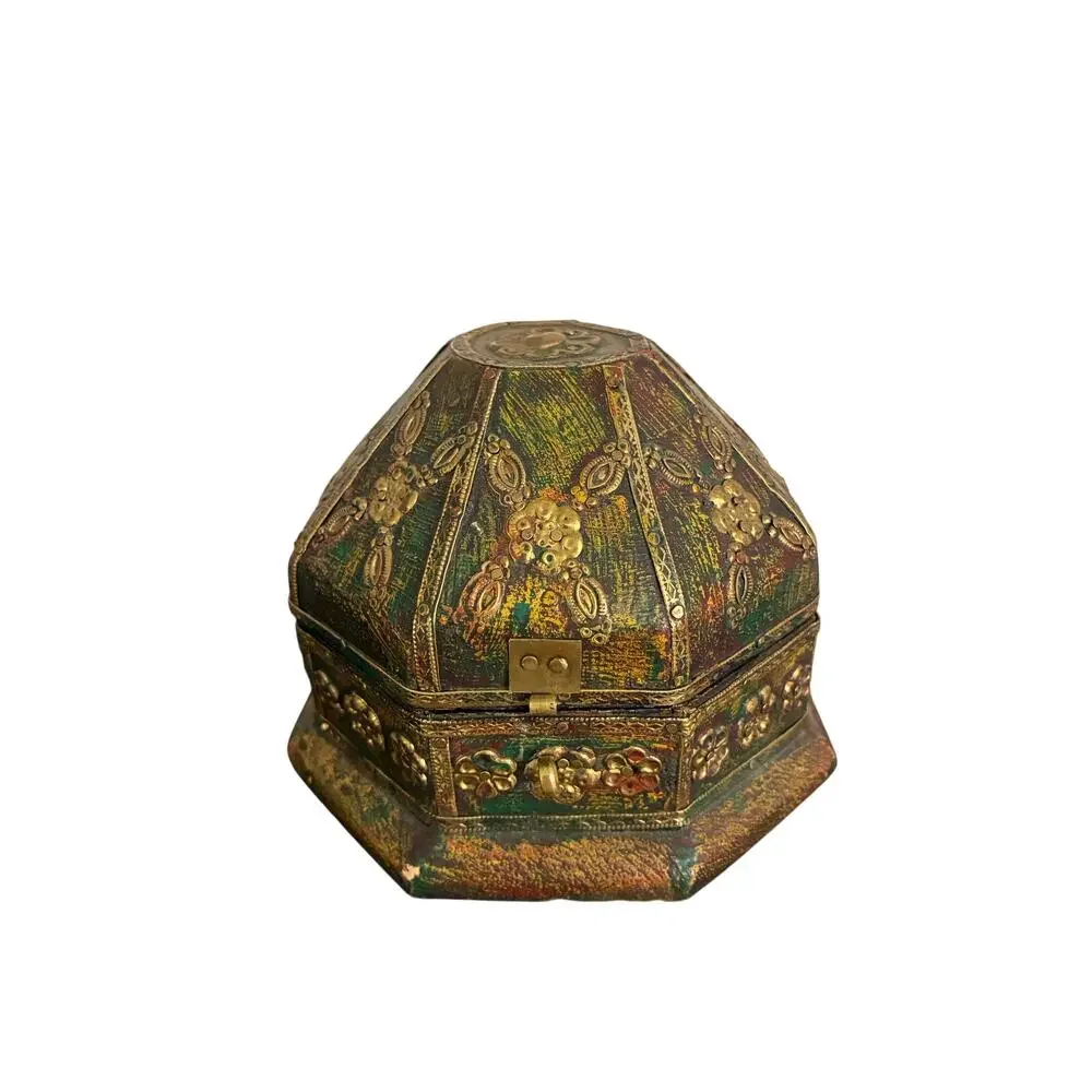 Vintage Hand Painted Octagonal Trinket Box - Embossed Brass Floral Jewelry Box